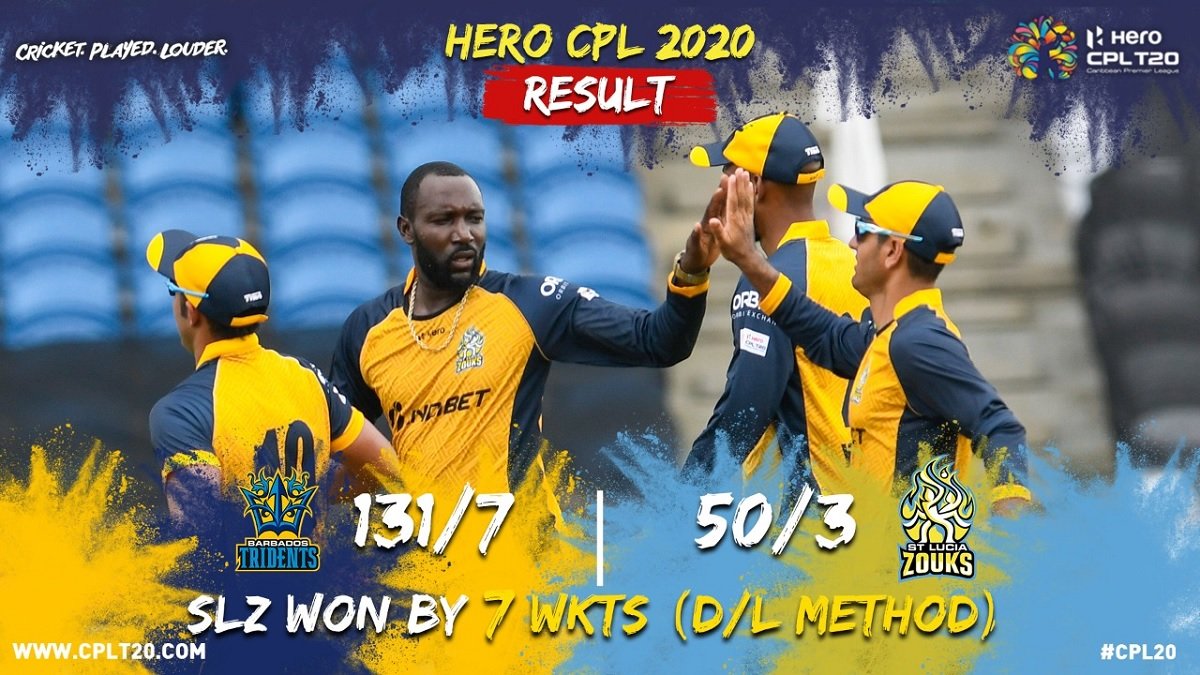 CPL T20 Barbados Tridents vs St Lucia Zouks Match 5 Highlights: SLZ beats BT by 7 wickets by DLS 