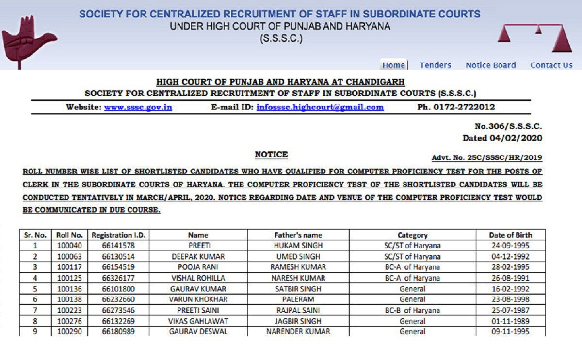 Punjab And Haryana High Court Previous Year Paper Haryana Punjab High Court Clerk Result (OUT) SSSC Haryana Cadre Merit