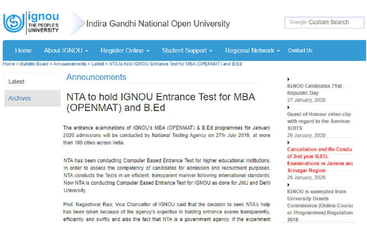 IGNOU MBA & B.Ed Admission 2020 NTA OPENMAT Applications begins today