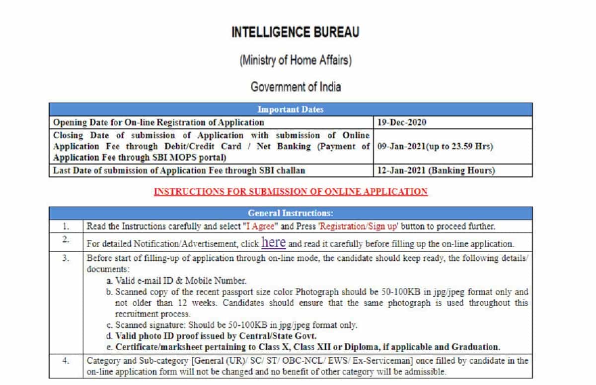 MHA IB ACIO Recruitment 2020 notification released, Apply online for ...