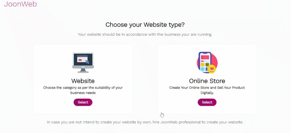 Choose your Website Type as an Online Store