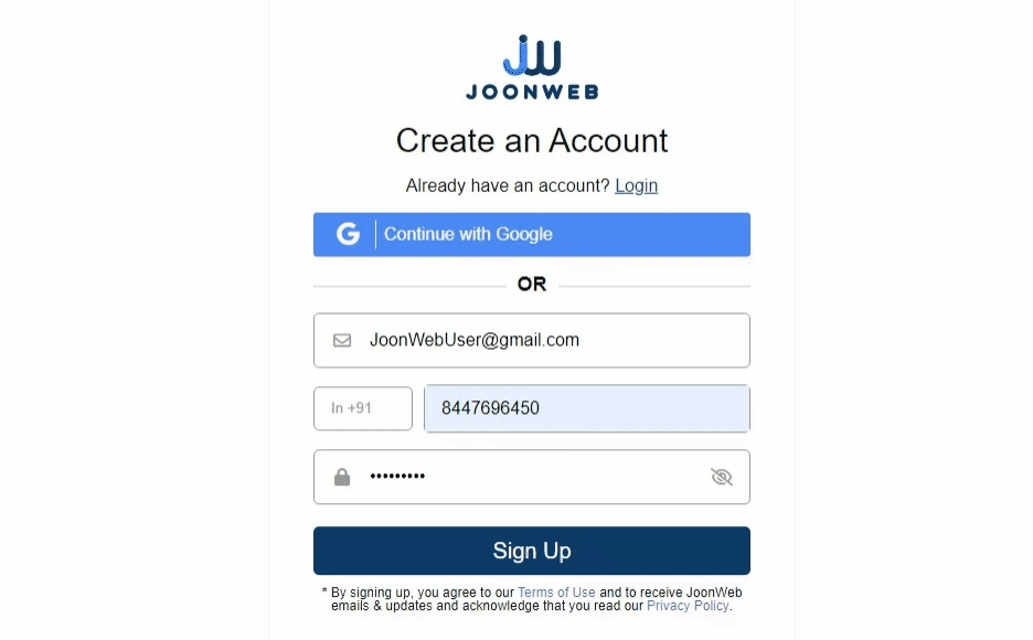 JoonWeb account sign-up