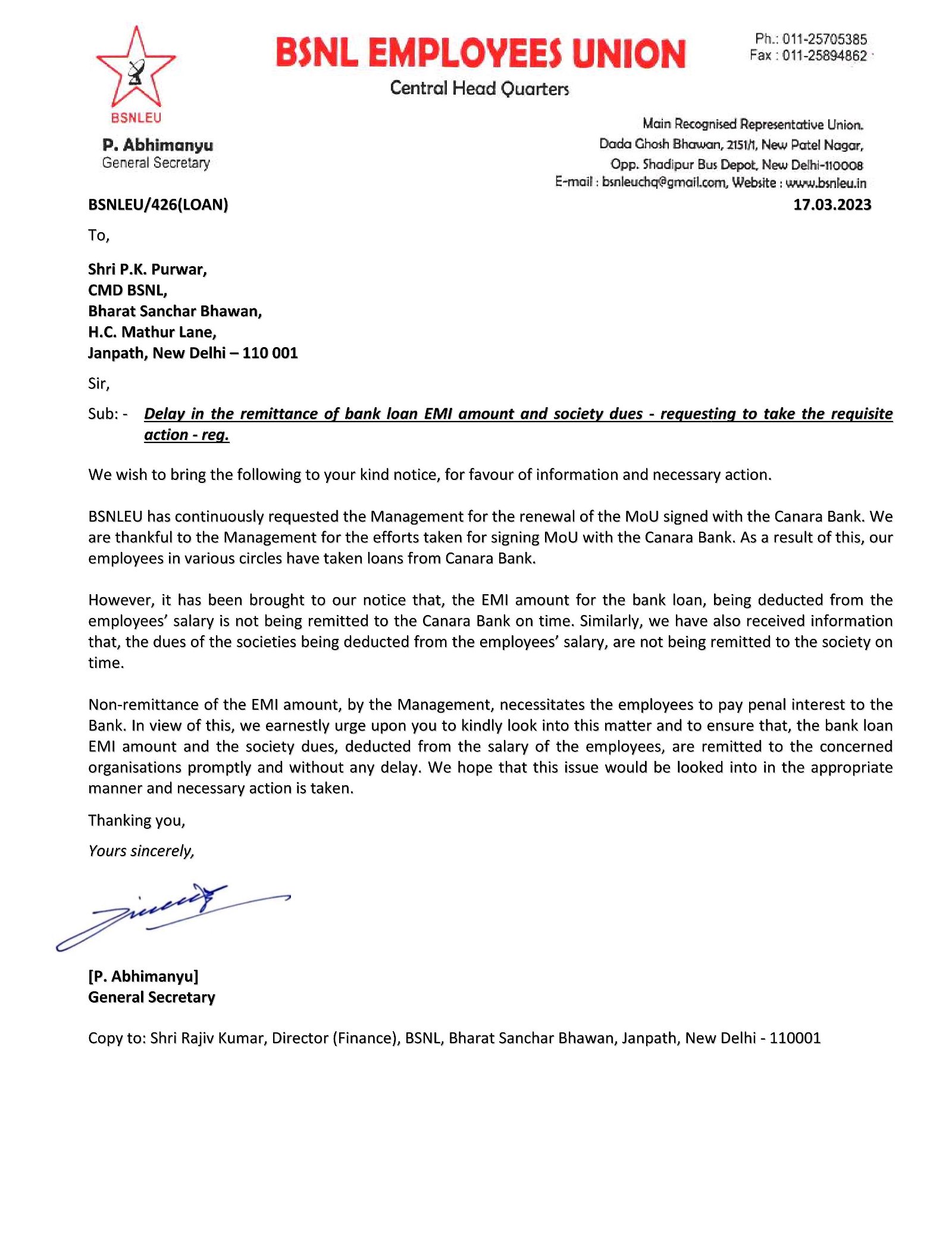 *बँक कर्जाची EMI रक्कम आणि सोसायटीची देय रक्कम पाठवण्यास विलंब –* *BSNLEU ने CMD BSNL यांना पत्र लिहून योग्य कारवाई करण्याची मागणी केली आहे. Image 