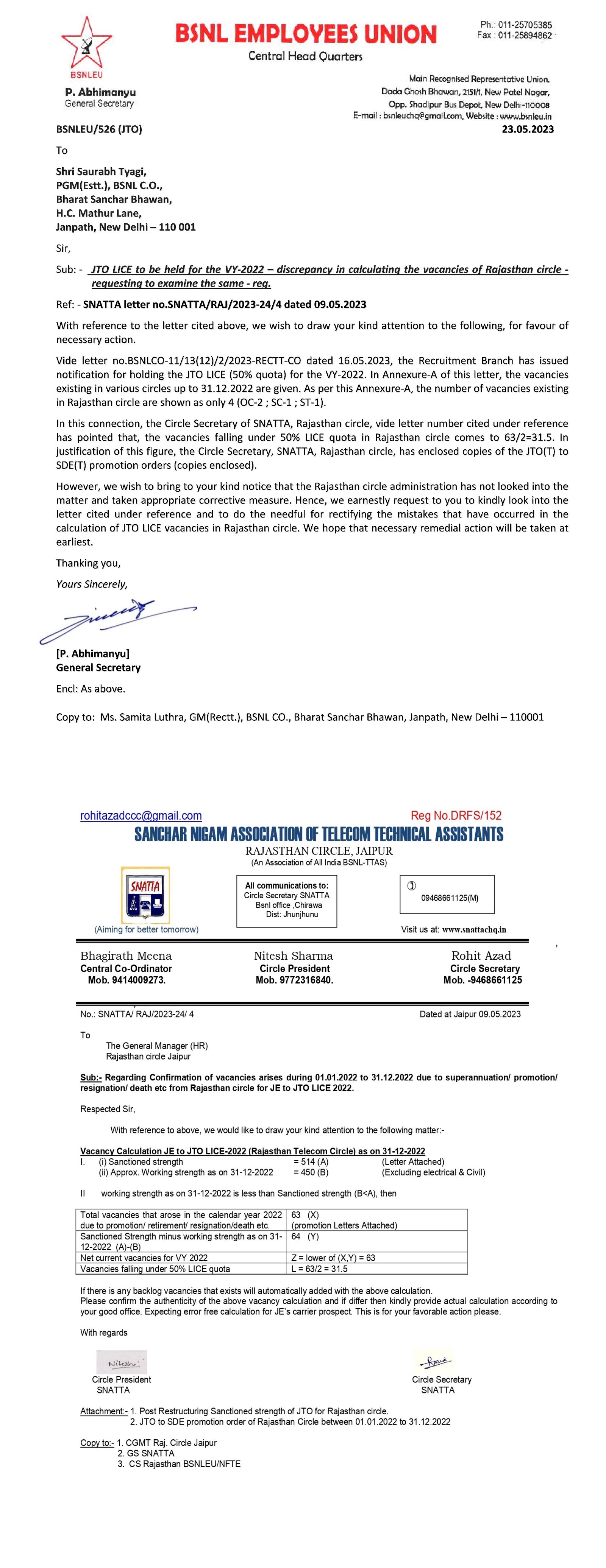 *राजस्थान सर्कलमधील JTO LICE साठी पोस्टची चुकीची गणना – BSNLEU PGM(Est.) ला पत्र लिहिते.* Image 