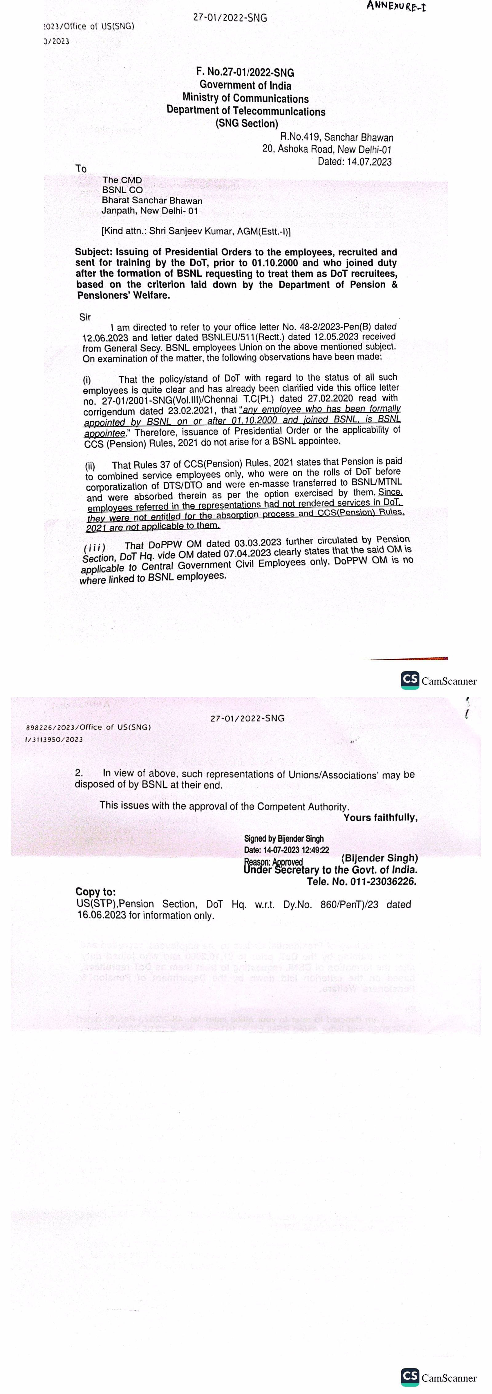 *DoT ने BSNLEU ची मागणी नाकारली आहे की DoT कालावधी दरम्यान जाहिरात केलेल्या / अधिसूचित केलेल्या पदांवर भरती झालेल्या कर्मचाऱ्यांना अध्यक्षीय आदेश जारी करणे.* Image 