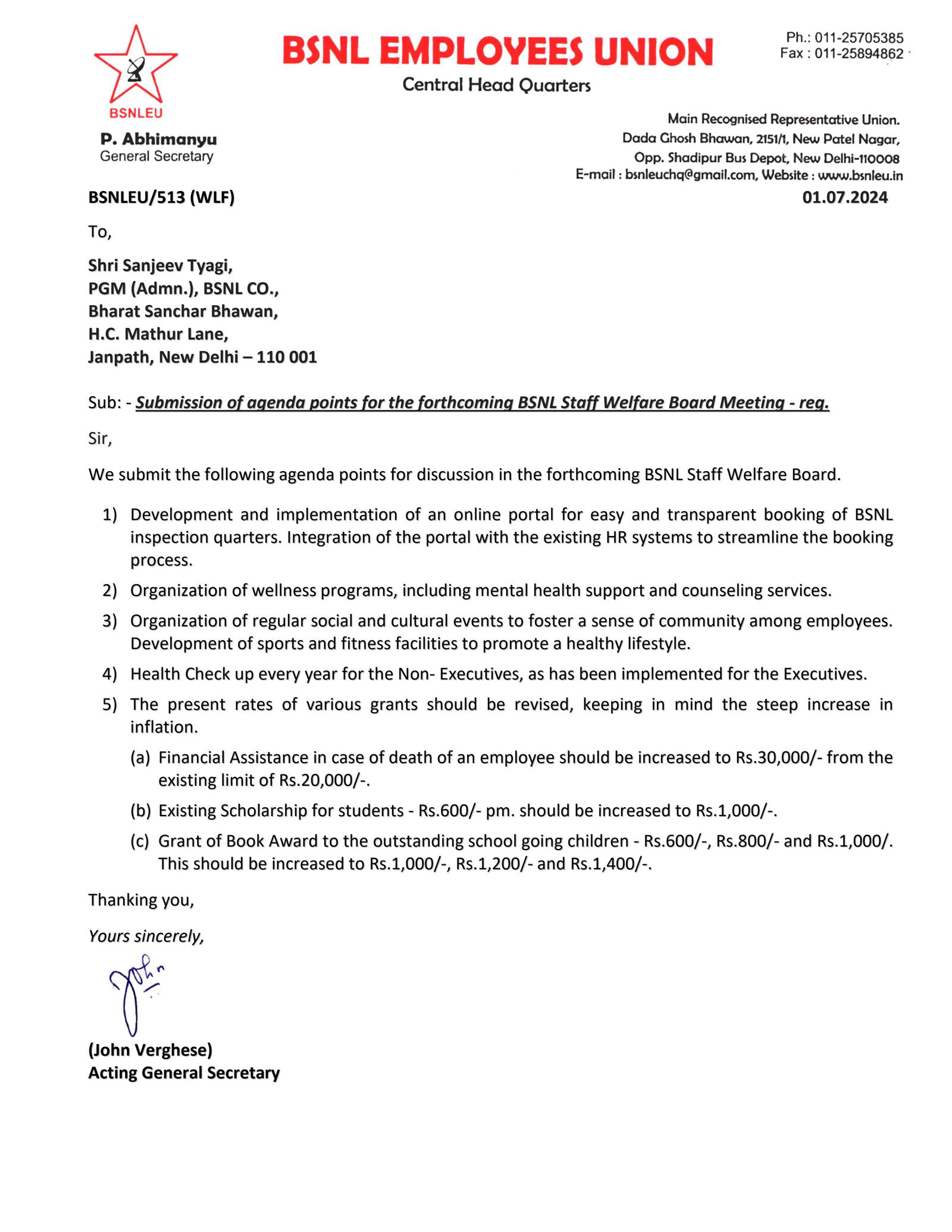 BSNL EU submits agenda items for the forthcoming meeting of the BSNL Staff Welfare Board.  Image 