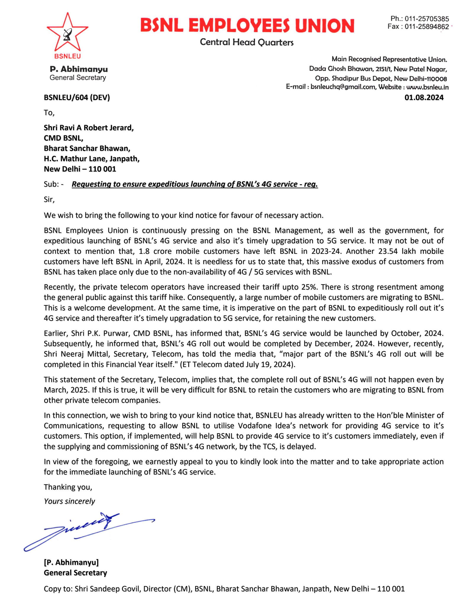 letter to CMD BSNL dated 01