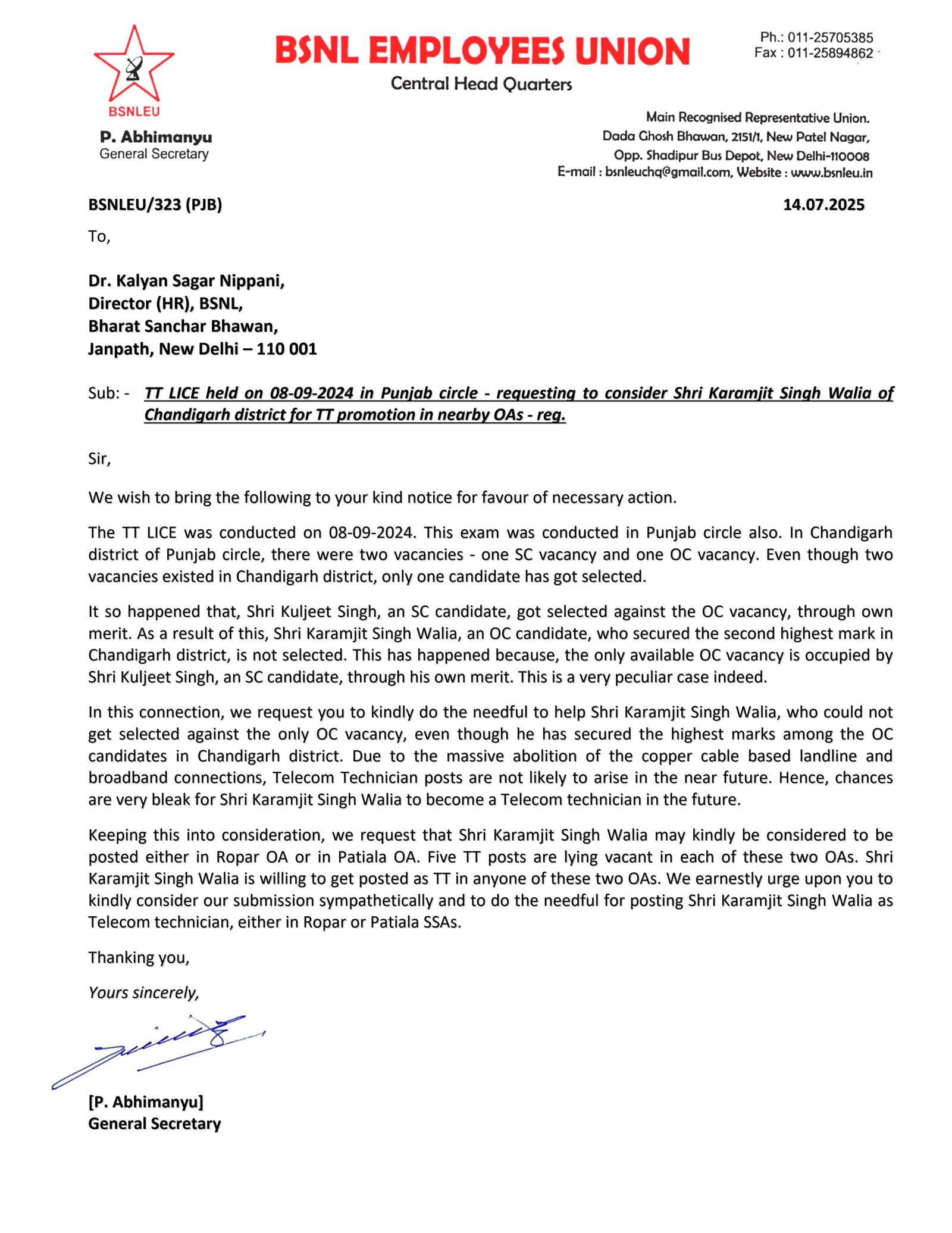 letter to Director (HR) on 14