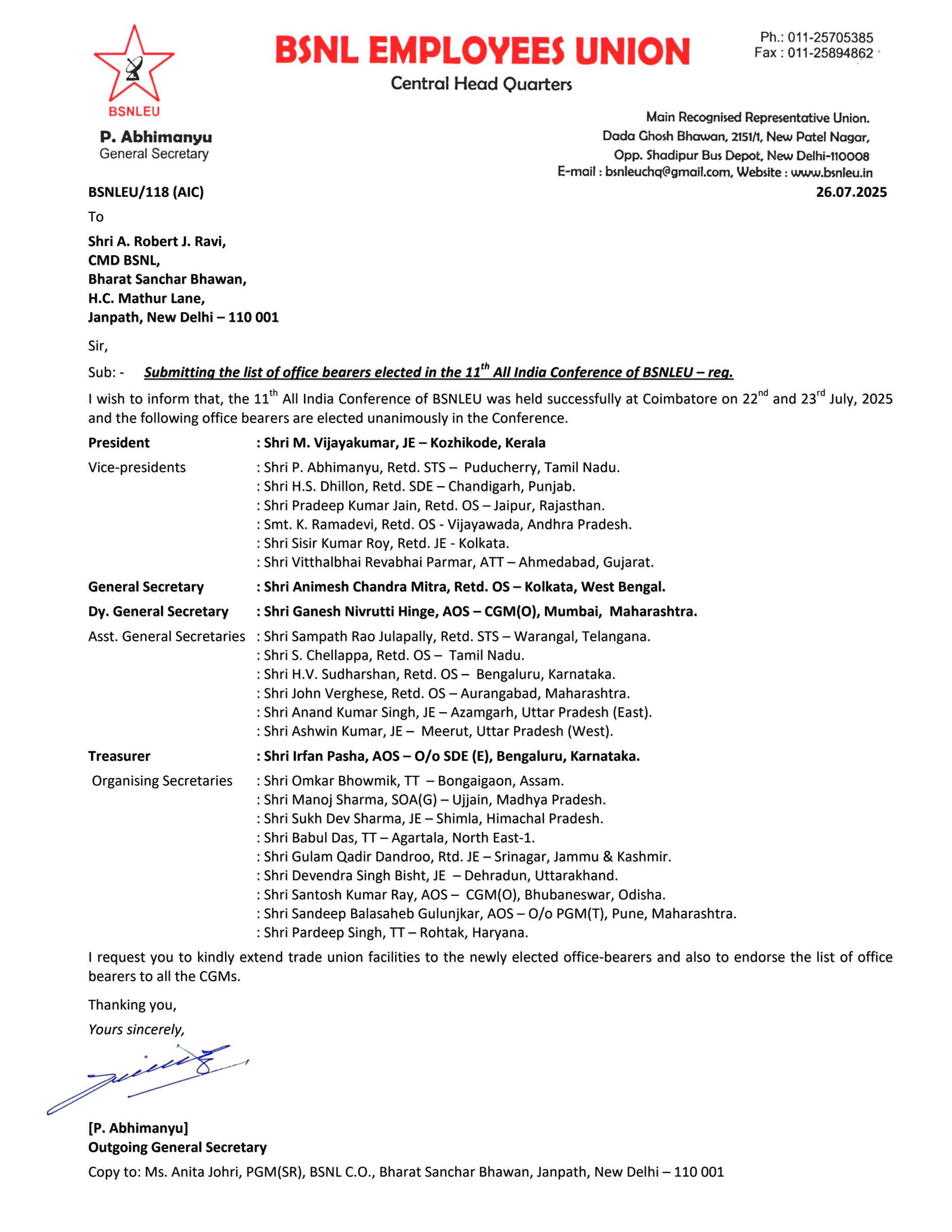 Newly elected office bearers of BSNLEU-1(71605165204814)