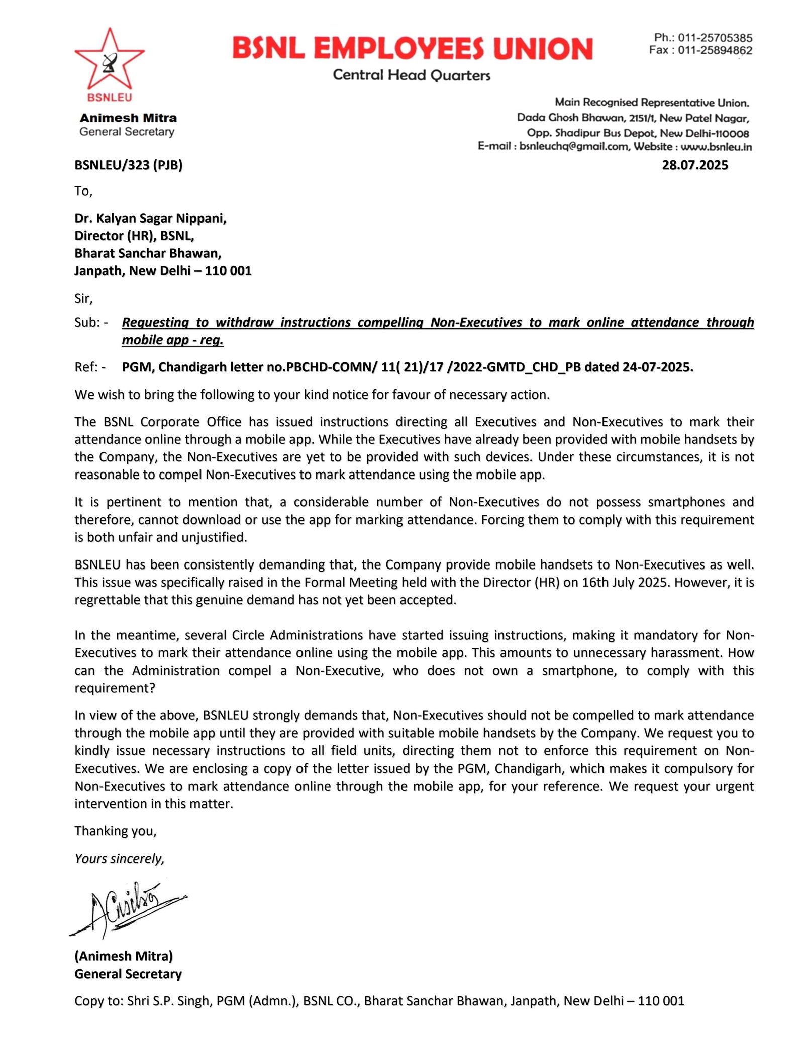 letter to Director (HR) dated 28