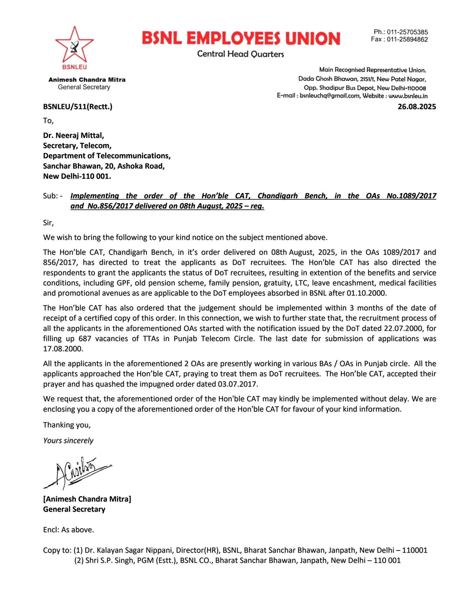 Implementation of the order of the Hon'ble CAT, Chandigarh Bench-1(1531486762414300)