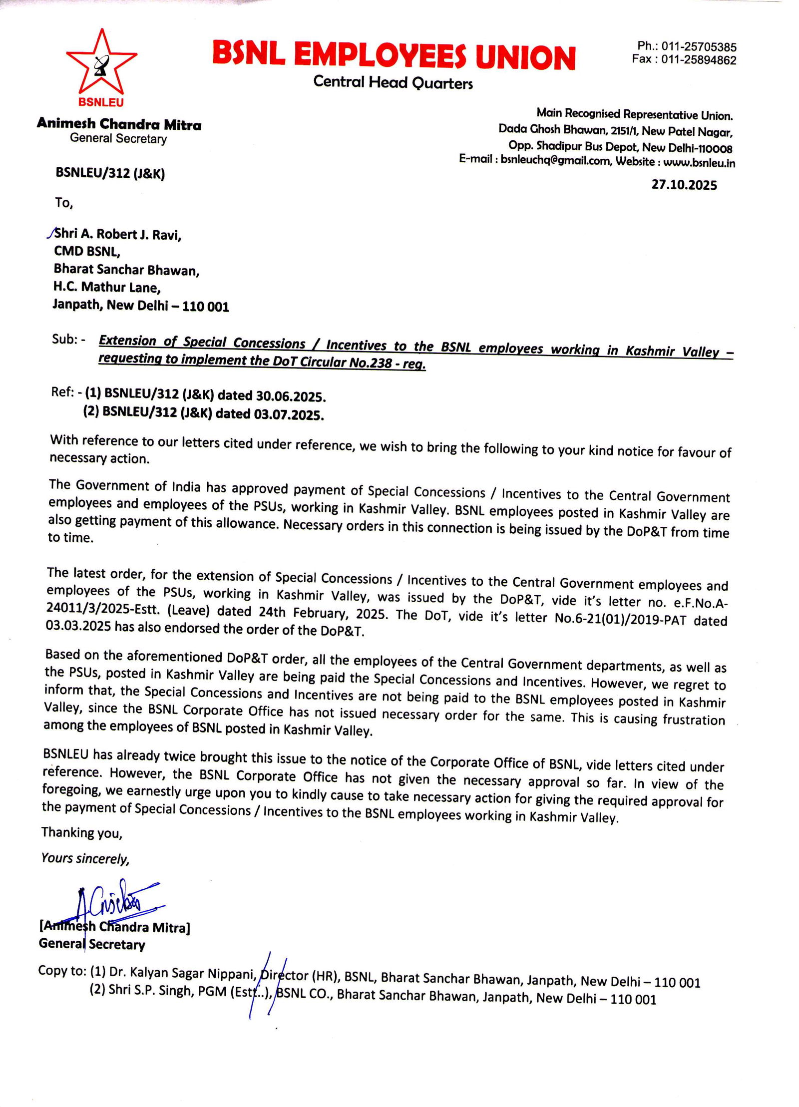 letter to CMD BSNL dt