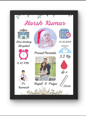  Customized Wood Rectangle/Square Collage New Born Baby Photo Frame With Photo Upload For Boy,Girl,Parents And Birth Details Wall Mount|A4 Size. Image