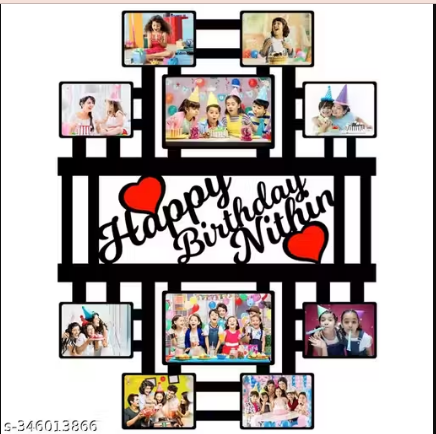 GIFTWALE Happy Birthday Your Pictures And Names Customized Collage Photo Frame | Personalized With 10 Images And Texts | Best Gift For Kids, Sister, Brother, Husband, Wife, Friend, Mom And Dad |(Wood, Wall Mount, Mult icoloured, Pack Of 1) Image