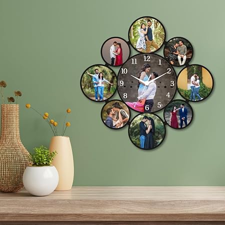 9 Circles Photo Clock Gifts Personalized Wooden Clock Customized Clock for Birthday Anniversary Round Wall Clock with Photos for Friends and Family 18 inches 14 inches 12 inches Clocks