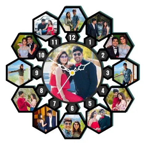 Hexa Wooden Clock with Photos wedding annivarsary gift  Image