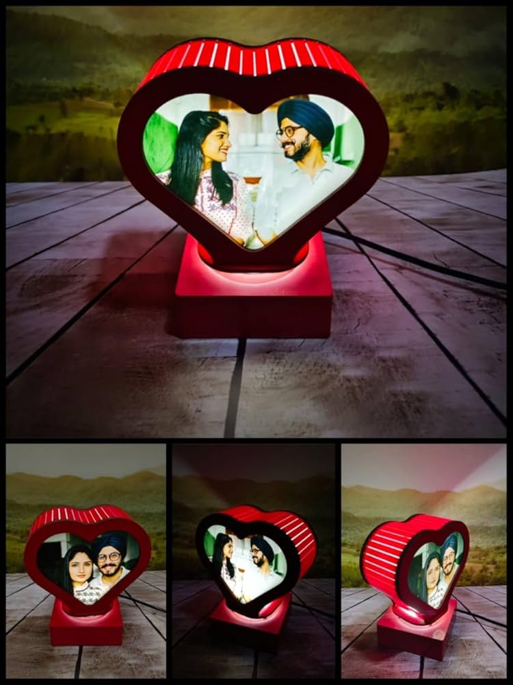 Rotating Photo Lamp Heart Shape | Personalized Gift, Anniversary Gift for Couple Special, Birthday Gift Box Night Lamp Shade Wedding Gift Photo Frame Light IAcrylic Red Color
