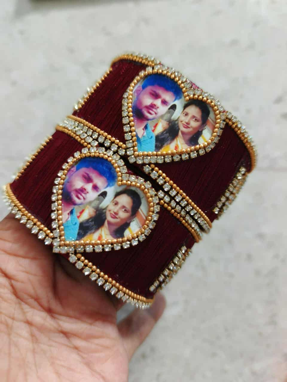 Customized Couple Photo Thread Bangles | Personalized Name & Photo Kada | Handmade Bridal & Anniversary Gift Image
