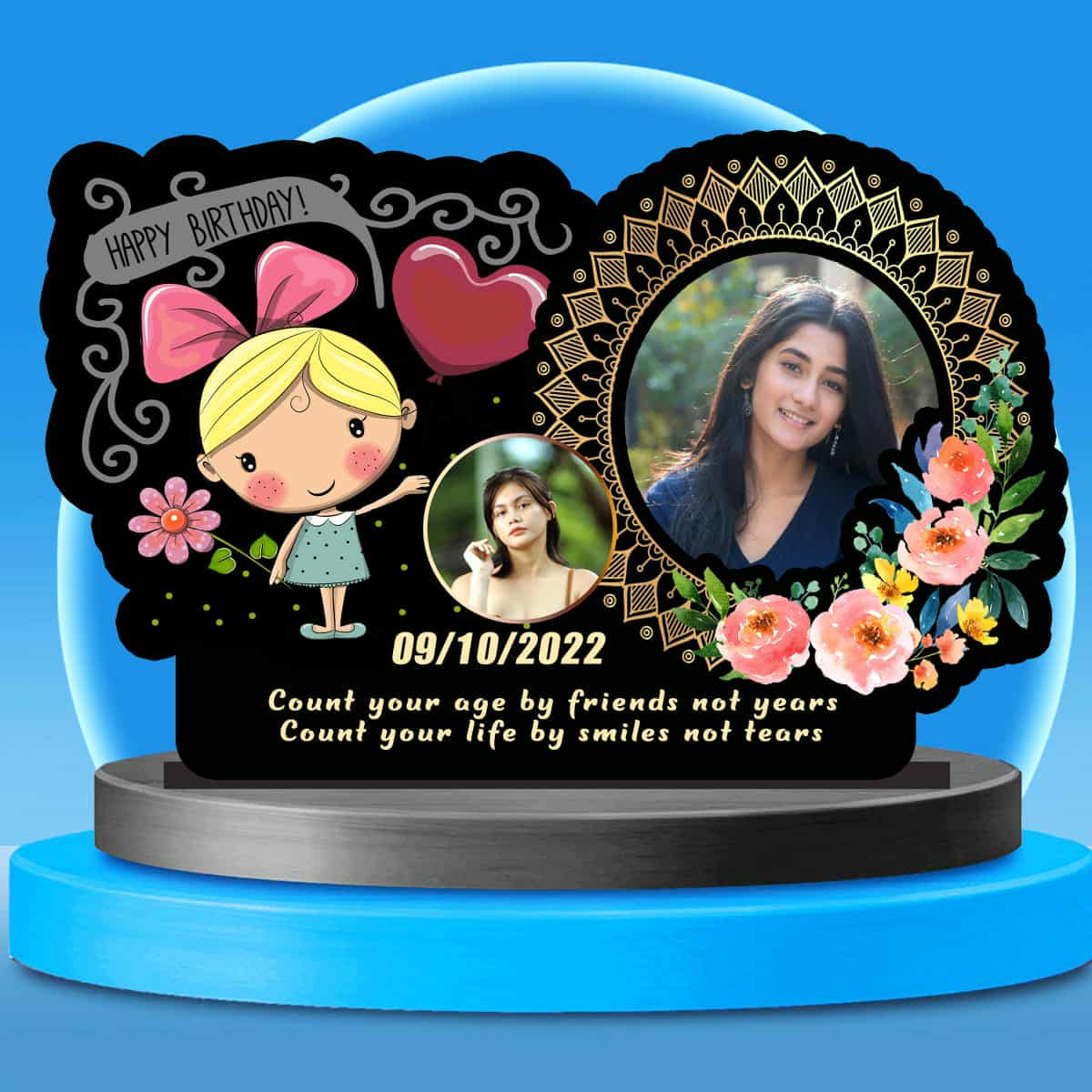 Personalized Happy Birthday Photo Frame for Girls | Custom Name, Photo & Date Printed Table Top Frame | Cute Cartoon Birthday Gift Image