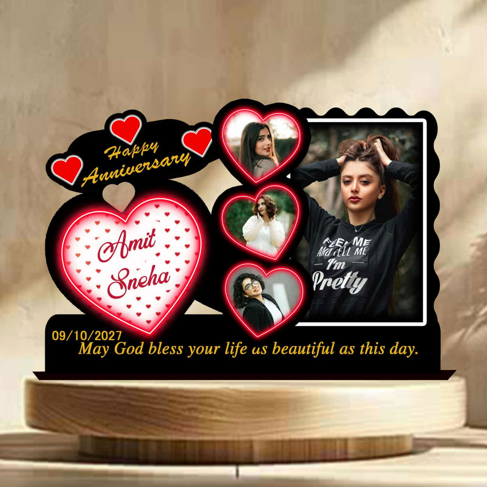 Personalized Happy Anniversary Photo Frame | Custom Couple Name & Multi Photo Heart Frame | Romantic Anniversary Gift for Husband & Wife Image