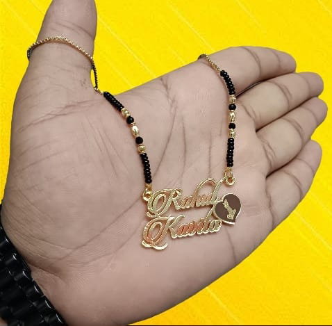Radha Krishna Name Pendant Mangalsutra for Women | Black Beads Gold Plated Necklace | Religious Couple Pendant Jewelry Image
