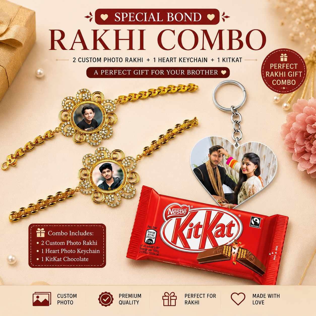 Personalized Photo Rakhi Combo for Brother | 2 Custom Photo Rakhi + Heart Photo Keychain + KitKat Chocolate | Raksha Bandhan Gift Hamper Image