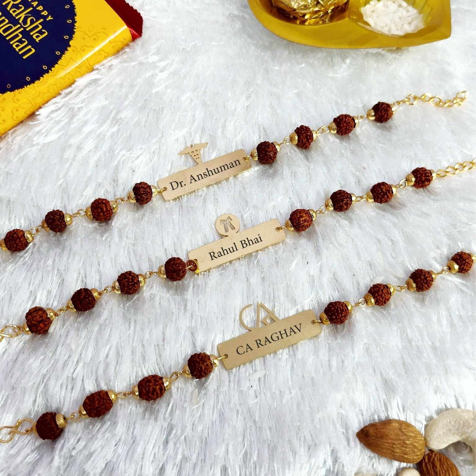 Personalized Name Rakhi for Brother | Custom Engraved Name Rakhi with Rudraksha Beads | Premium Golden Rakhi | Raksha Bandhan Gift Image