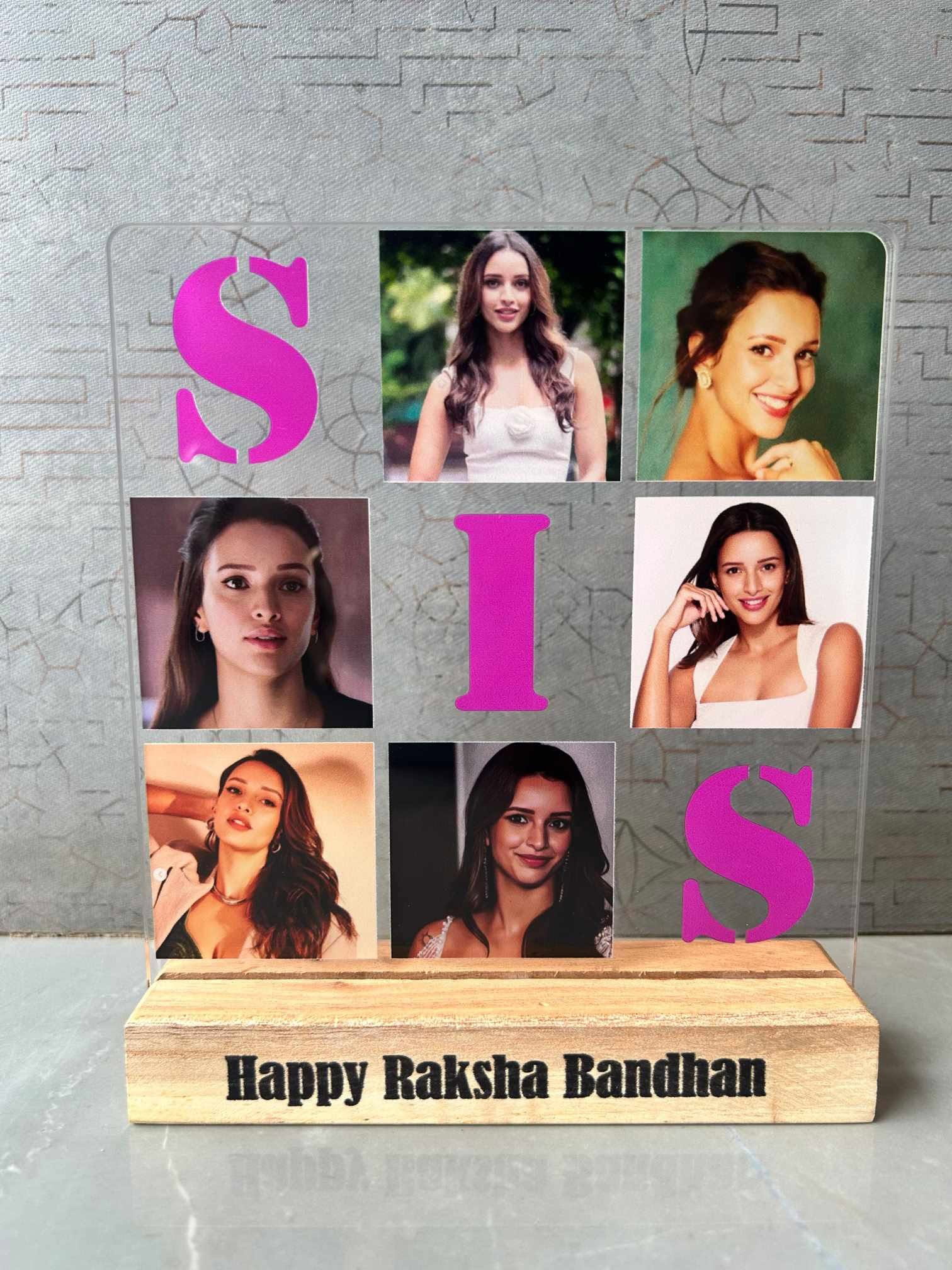 Personalized SIS Photo Acrylic Frame with Wooden Stand | Custom Multi Photo Frame for Sister | Raksha Bandhan Gift | Table Top Photo Plaque Image
