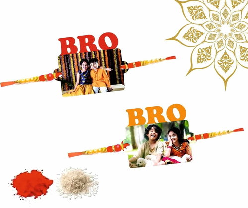 Customized Photo Rakhi with Name | Silver Photo Rakhi | Brother & Bhabhi Rakhi | Lumba Rakhi Set | Rakhi Combo Gift Image