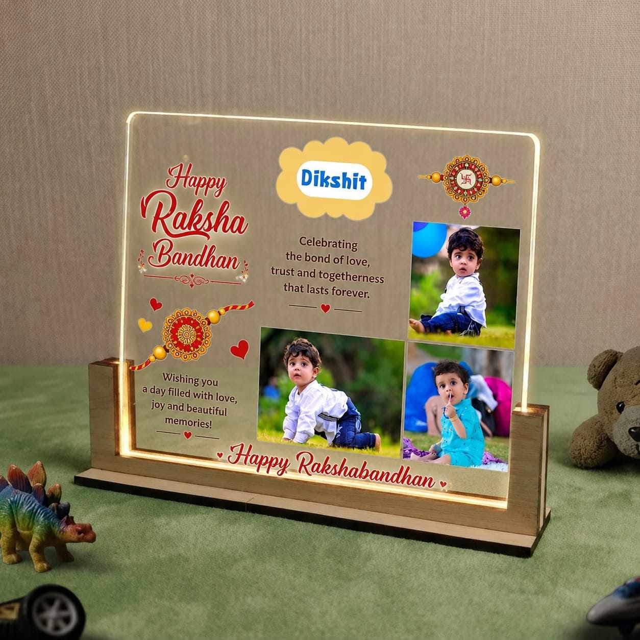 Personalized Raksha Bandhan LED Acrylic Photo Frame with Name | Custom Photo Night Lamp | Rakhi Gift for Brother & Sister | Wooden Base USB LED Lamp | Home Decor Image