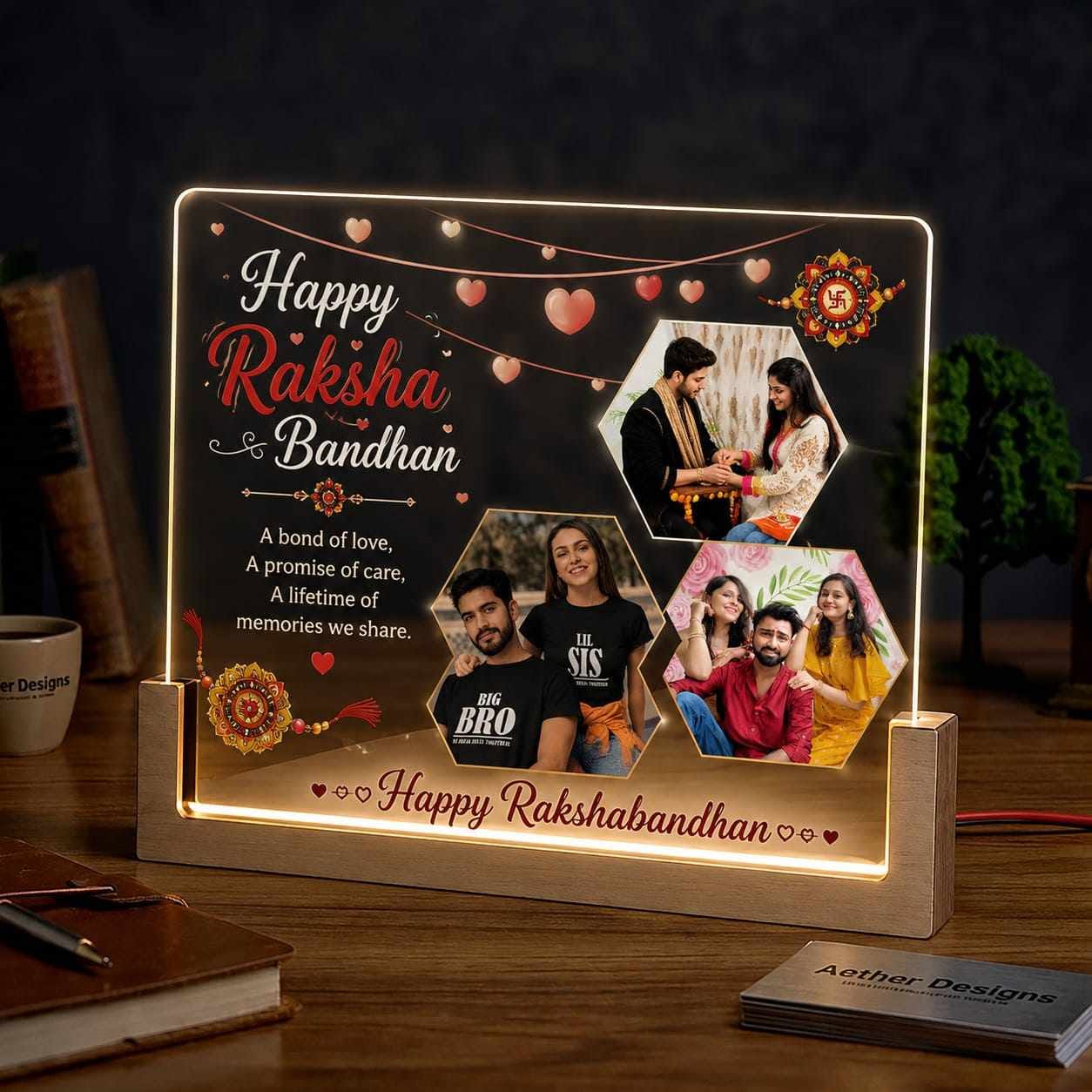Personalized Raksha Bandhan LED Acrylic Photo Frame with 3 Photos | Custom Name Night Lamp | Rakhi Gift for Brother & Sister | USB Wooden Base LED Table Lamp | Home Decor Image