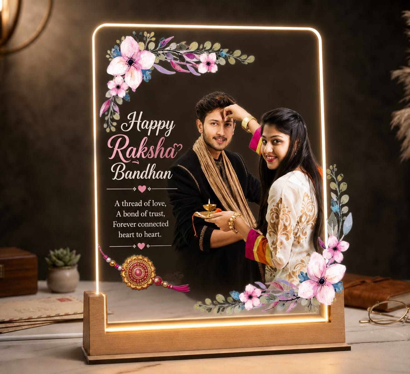 Personalized Raksha Bandhan LED Acrylic Photo Frame with Custom Photo | USB Wooden Base Night Lamp | Rakhi Gift for Brother & Sister | Customized LED Photo Lamp | Home & Table Decor Image
