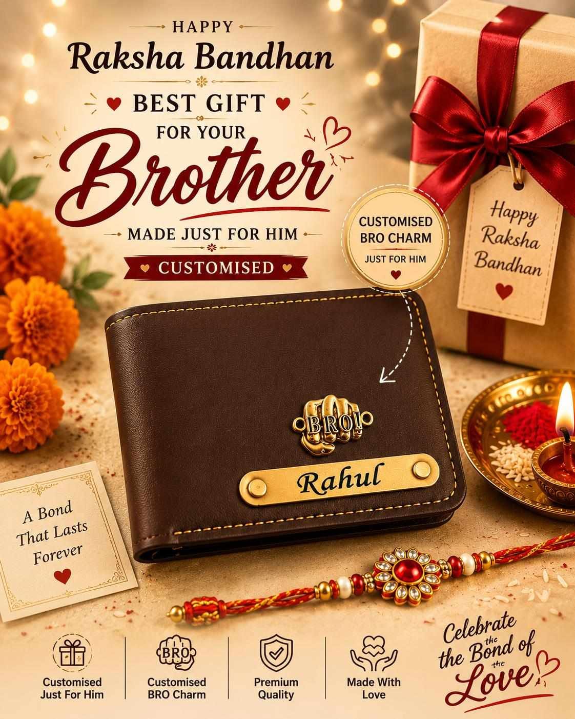 Personalized Men's Wallet with Name & Bro Charm | Customized Leather Wallet for Brother | Raksha Bandhan Gift for Brother | Premium Bi-Fold Wallet | Birthday & Anniversary Gift Image