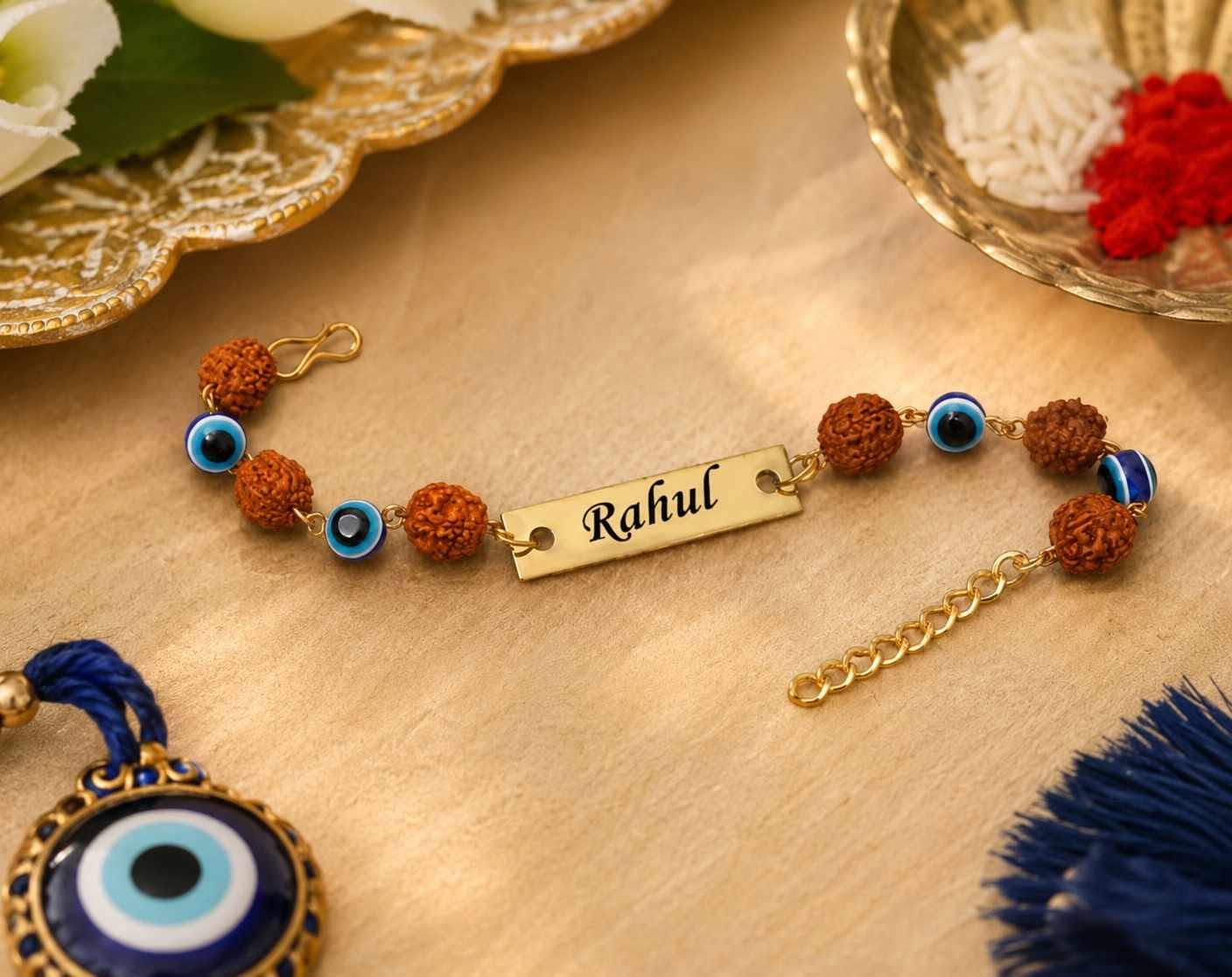 Personalized Rudraksha Name Rakhi Bracelet for Brother | Custom Name Rakhi with Evil Eye Beads | Adjustable Rakhi Bracelet | Raksha Bandhan Gift for Bhai Image