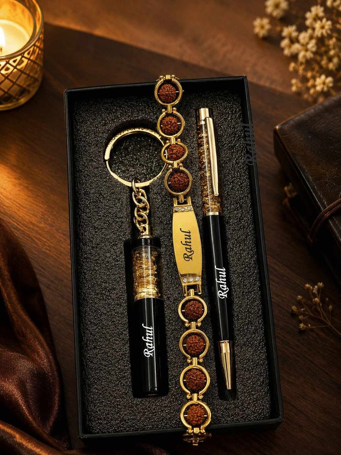 Personalized Gift Combo for Men – Custom Name Pen, Keychain & Rudraksha Bracelet | Premium Gift Set for Brother | Raksha Bandhan, Birthday & Anniversary Gift Image