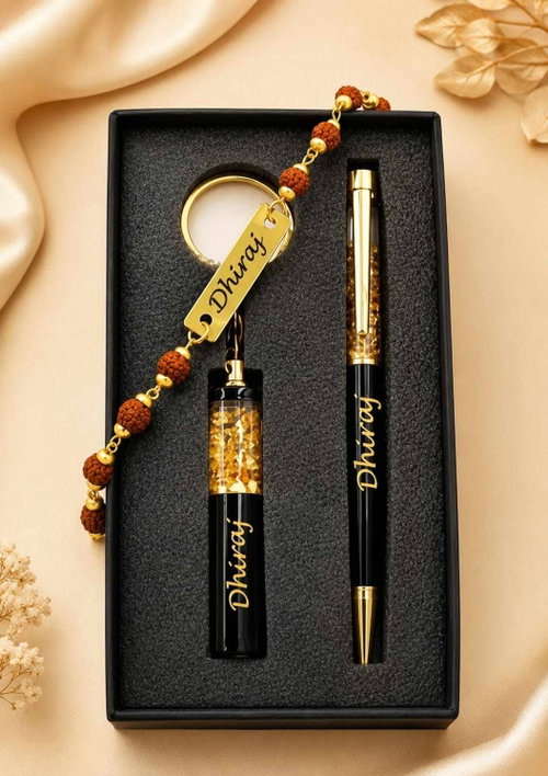 Personalized Gift Combo for Men – Custom Name Pen, Keychain & Rudraksha Bracelet Image