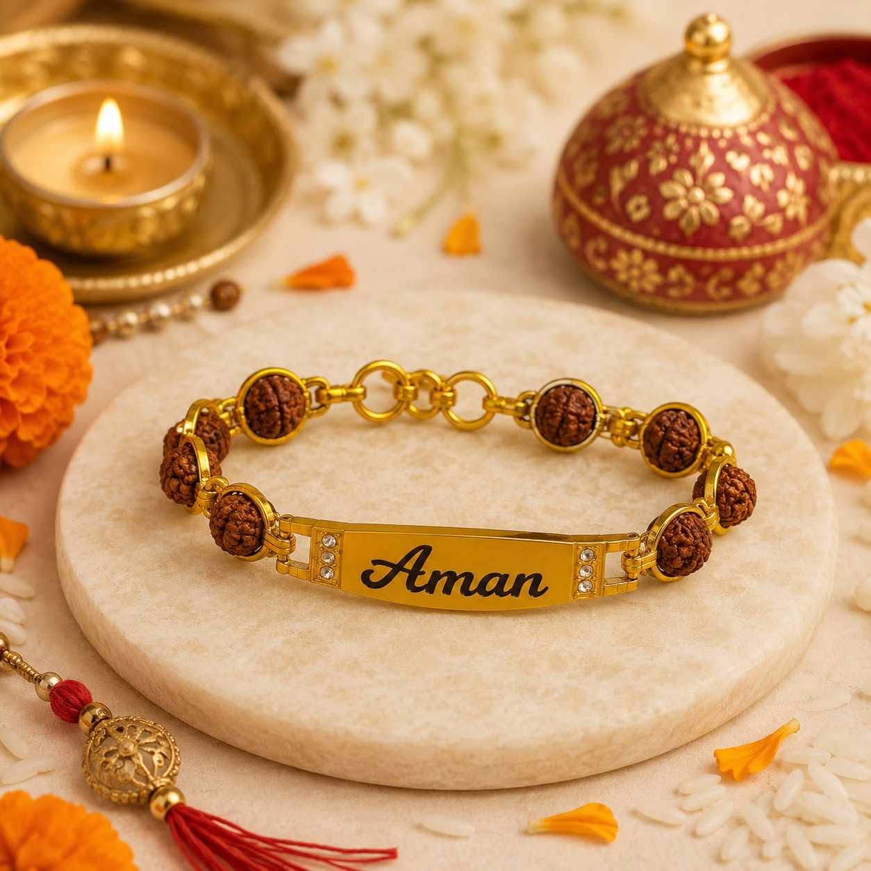 Personalized Rudraksha Name Bracelet for Men | Custom Name Bracelet with Gold Finish | Adjustable Rudraksha Bracelet | Raksha Bandhan Gift for Brother | Customized Name Jewelry Image