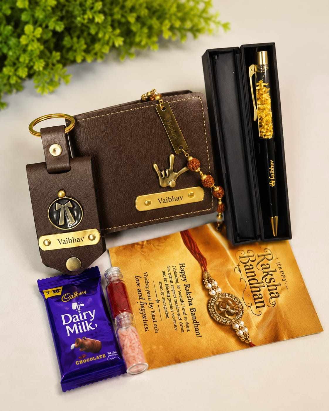 Personalized Raksha Bandhan Gift Hamper for Brother | Custom Name Wallet, Leather Keychain, Premium Pen, Rakhi, Roli Chawal & Chocolate Gift Set | Rakhi Gift Box for Bhai Image