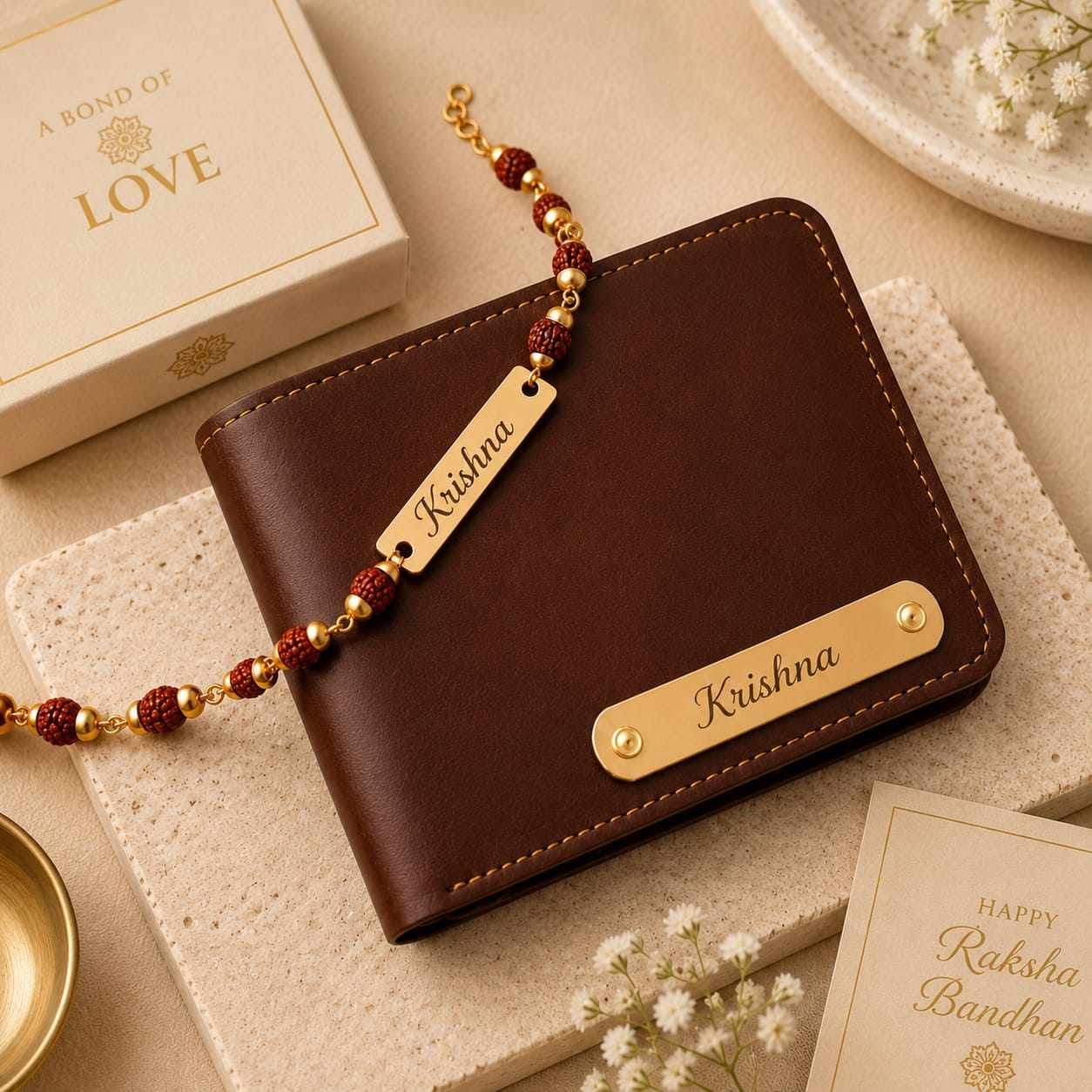 Personalized Name Rakhi with Customized Leather Wallet Gift Set | Raksha Bandhan Gift for Brother | Shopping Flavour Image