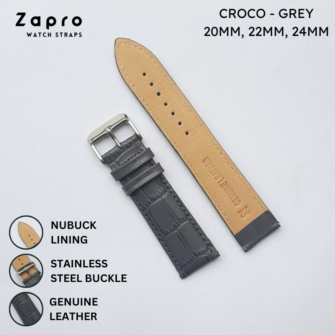 Mist Grey Croco Leather Watch Straps 20mm 22mm 24mm Image