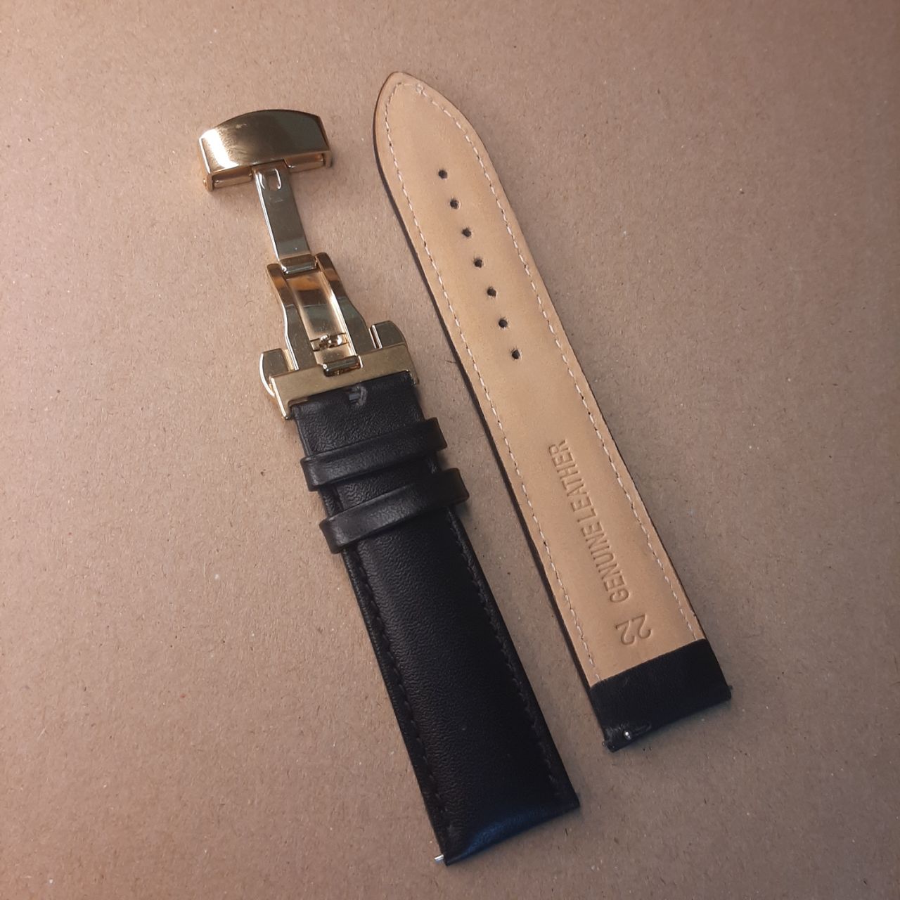 Royal Black Leather Watch Straps with Gold Butterfly clasp 22mm Image