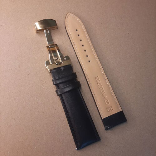 Royal Black Leather Watch Straps with Gold Butterfly clasp 22mm Image