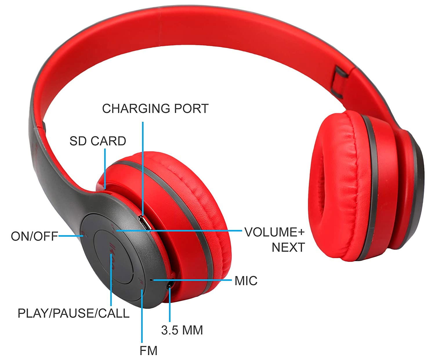 Best Sound Quality Latest P47 with Mic & SD Card Support 6 Hour Battery Backup Bluetooth Headset (On The Ear) (Red)
