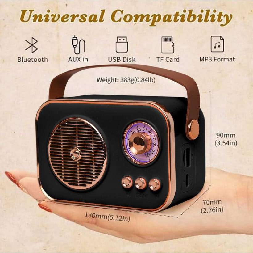 Retro Bluetooth Speaker with FM Radio - Vintage Style, Rose Gold Accents, Multi-Color, Portable Wireless Audio for Home & Travel Image 