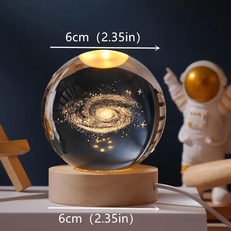 3D Galaxy Crystal Ball Night Light | Dimmable Engraved LED Glass Ball Table Lamp with USB and Wooden Base for Home Décor, Office, Birthday Gift & Kids Bedroom (Galaxy)