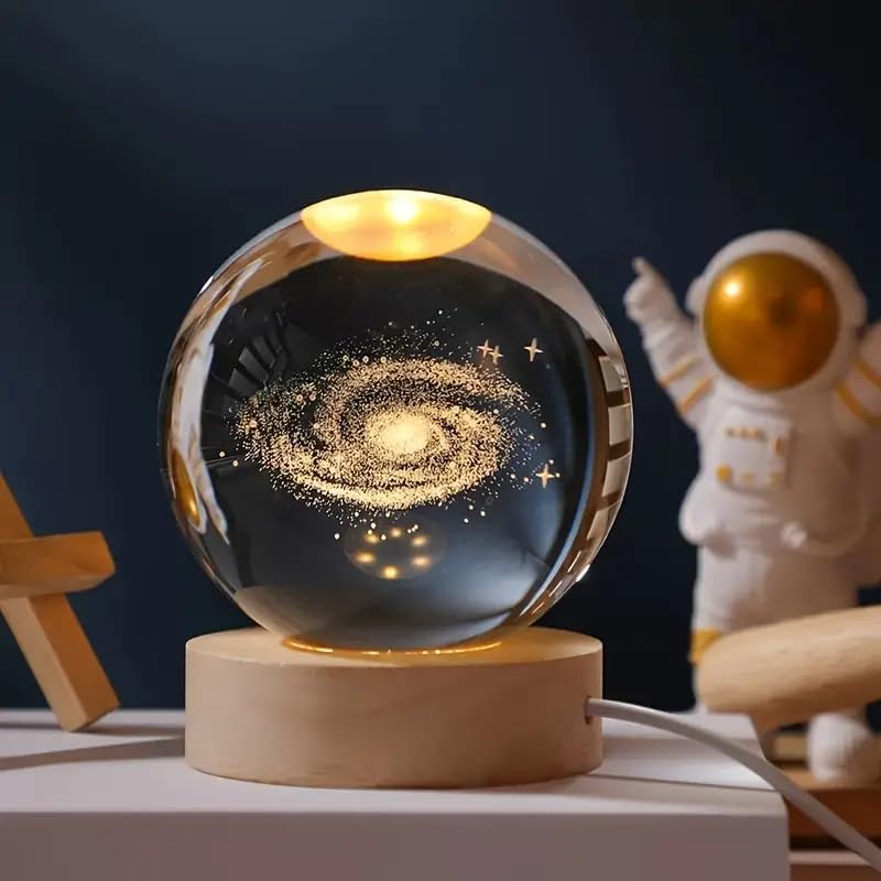 3D Galaxy Crystal Ball Night Light | Dimmable Engraved LED Glass Ball Table Lamp with USB and Wooden Base for Home Décor, Office, Birthday Gift & Kids Bedroom (Galaxy) Image