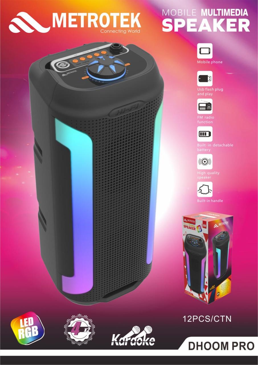 Metrotek Mobile Multimedia Speaker with RGB LED Lights, FM Radio, USB Plug & Play, Karaoke & Rechargeable Battery Image
