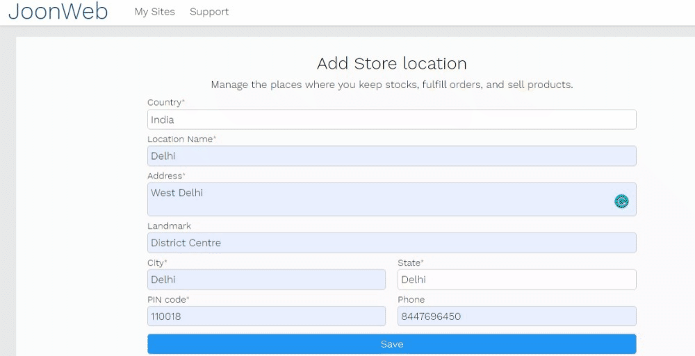 Fill in details about your store's location & click save 