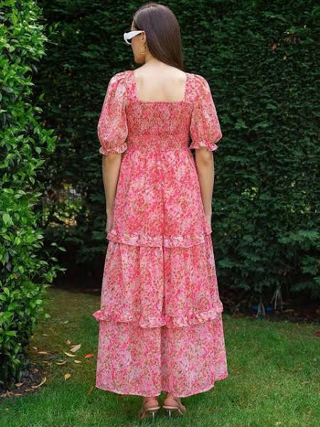 Floral Printed Sweetheart Neck Fit and Flare Maxi Dress