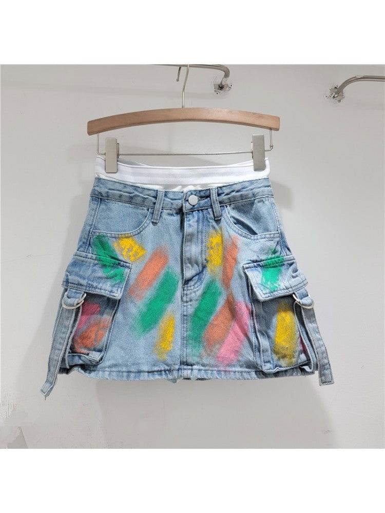 Multicolor Graffiti Cargo Denim Mini Skirt Image